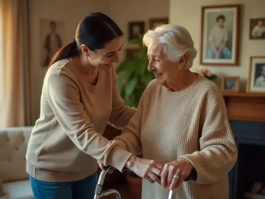 Carer assisting elderly woman with mobility support at home following hospital discharge