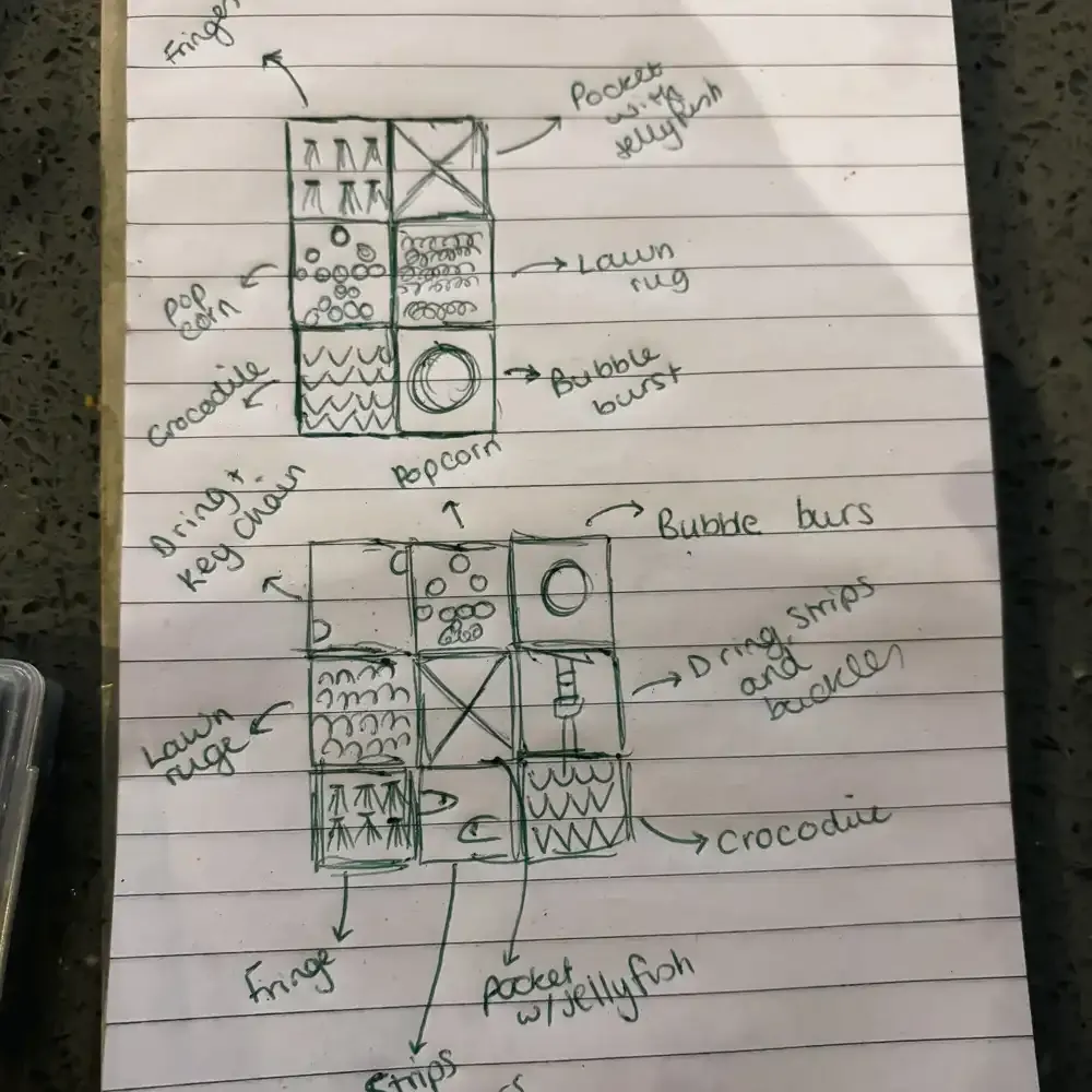 Hand-drawn design sketches planning the layout of a dementia fidget blanket.