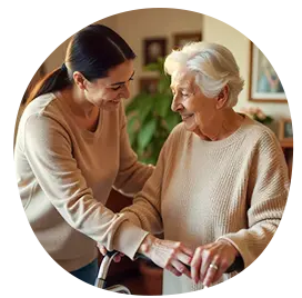 Elderly caregiver providing home assistance for the elderly with safe mobility support