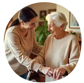 Elderly caregiver providing home assistance for the elderly with safe mobility support